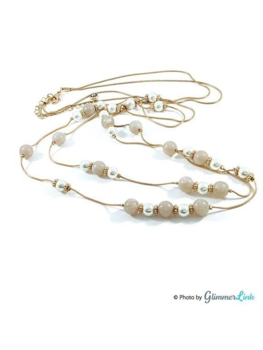 C1946 Double Strand Layered Faux Pearl Beaded Gold Tone Necklace